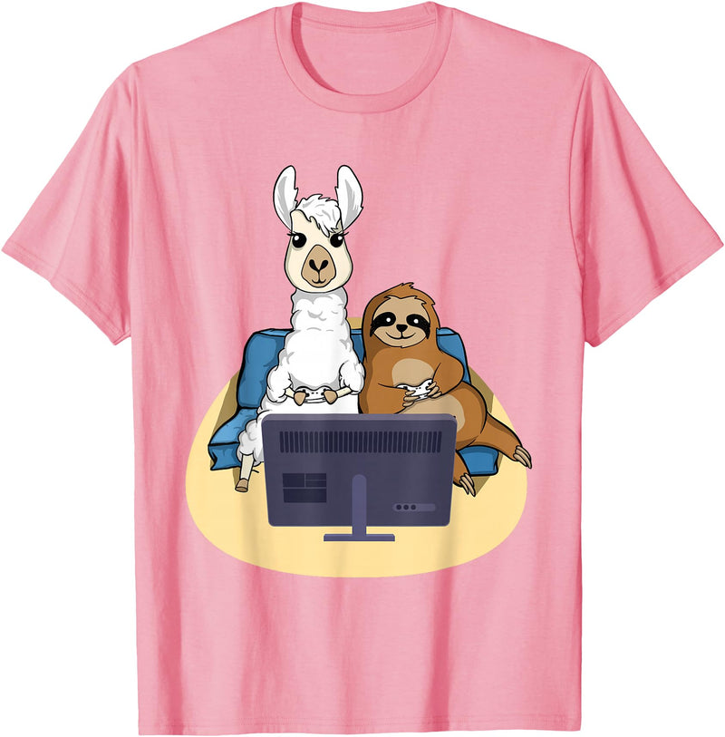 Funny Llama Shirts Sloth And Llama Gamer - Zookeeper Zoo Animal Lovers T-Shirt - Pink