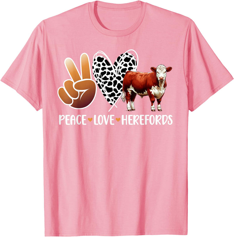 Cute Hereford Cattle Hereford Cow Boy Peace Love Hereford Cow Lover Hereford Cow Girl T-Shirt - Pink