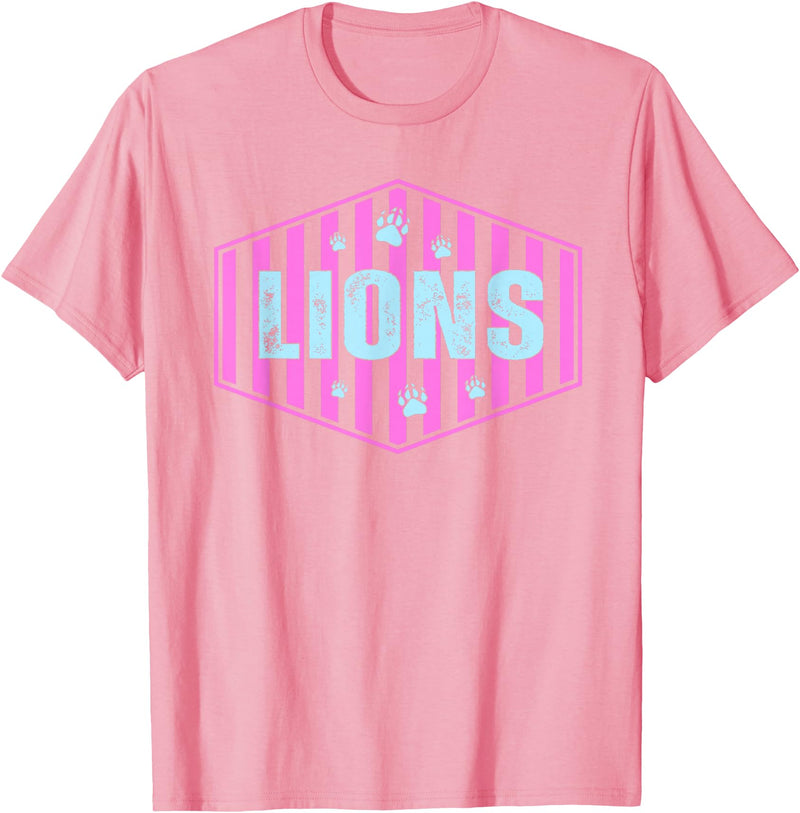 Striped Tie Dye Lion Girls Lunch Lady Librarian Lions Mascot Back to School Spirit Sport Women Teachers T-Shirt - Pink