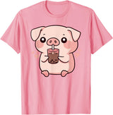 Bubbly Piglets Collection Cute kawaii cartoon pig drinking bubble tea T-Shirt - Pink