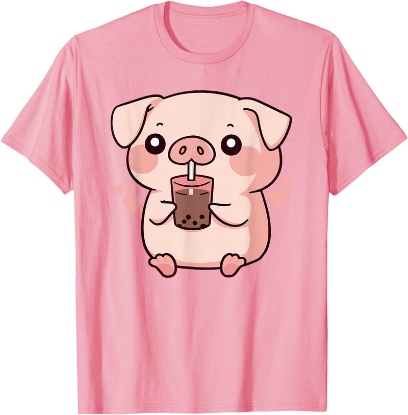 Bubbly Piglets Collection Cute kawaii cartoon pig drinking bubble tea T-Shirt - Pink