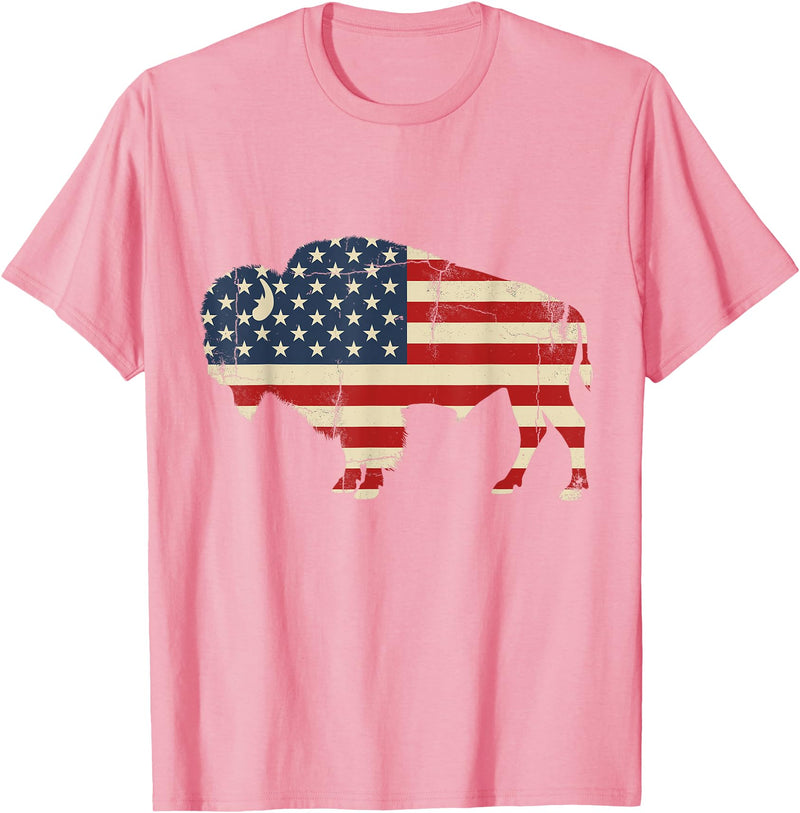 Bison American Buffalo Patriotic Heritage Lr Vintage Buffalo American Flag USA Bison Lover Wildlife T-Shirt - Pink