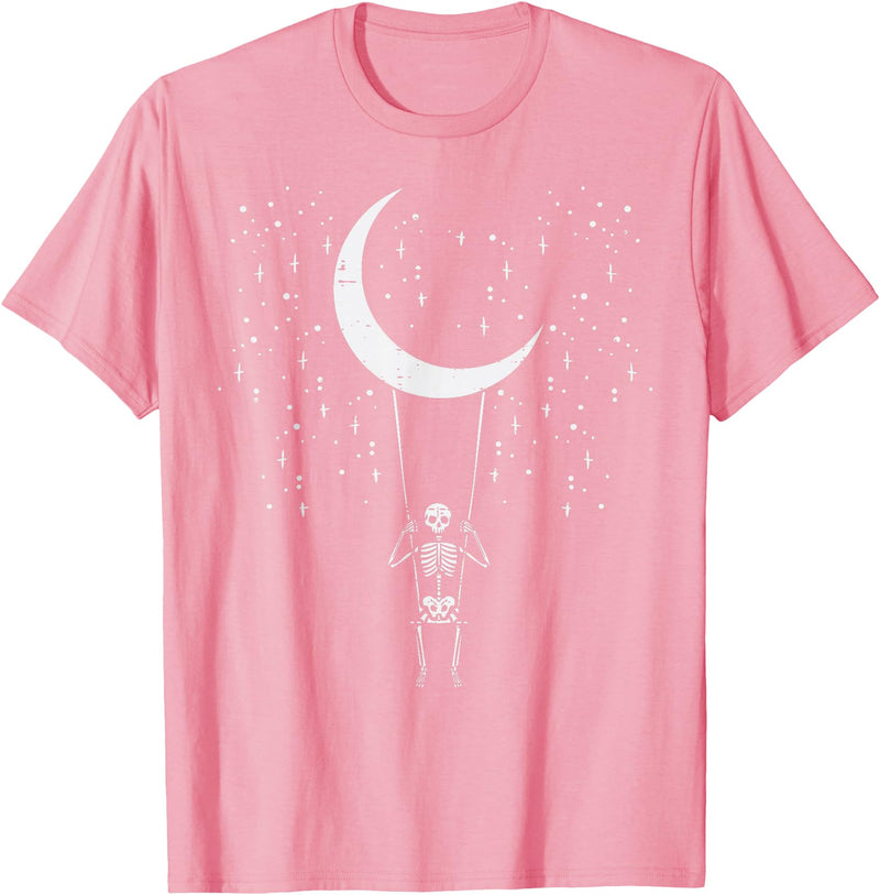Skeleton Themed Halloween Shirts Men Women Kids Halloween Skeleton Moon Swing Vintage Costume Men Women Kids T-Shirt - Pink