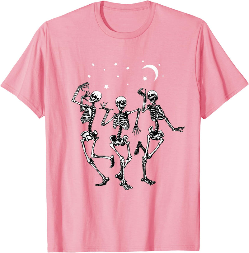 Skeleton Dancing Under The Moon Funny Happy Halloween T-Shirt - Pink