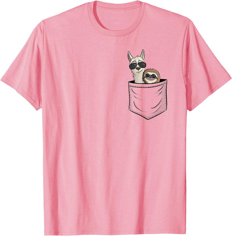 Llama Alpaca Gifts By Skizzenmonster Hipster Llama & Sloth With Sunglasses T-Shirt - Pink