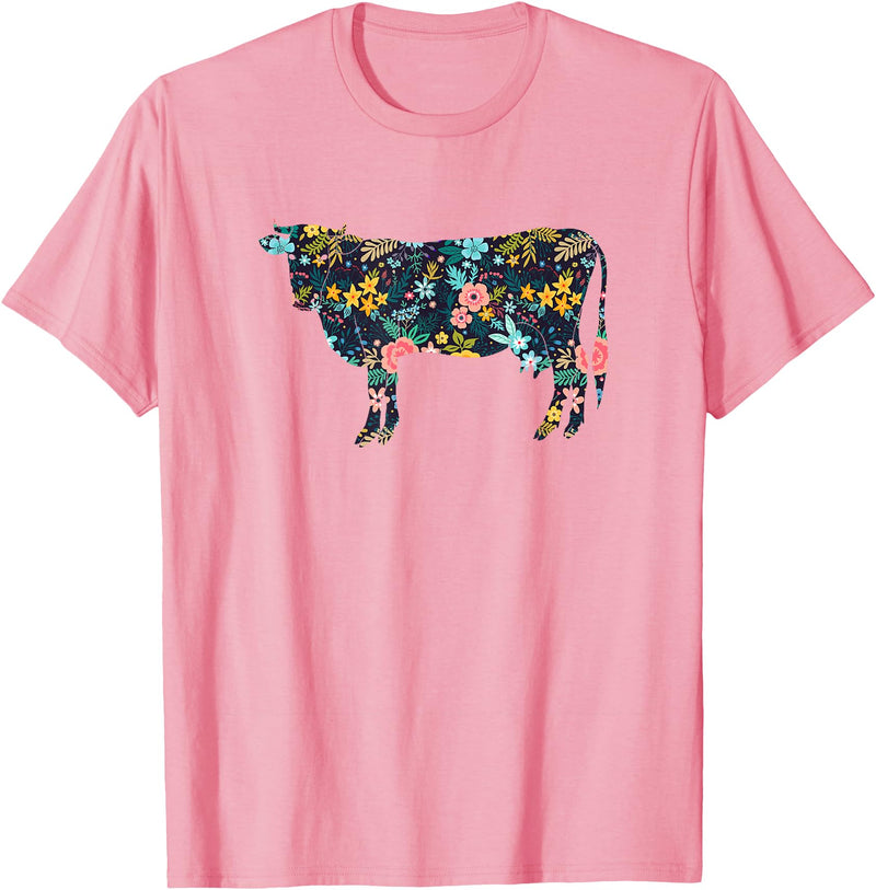 Cow Floral Silhouette Cattle Farm Lover Floral Cow Silhouette Womens Girls Cow Farm Animal T-Shirt - Pink