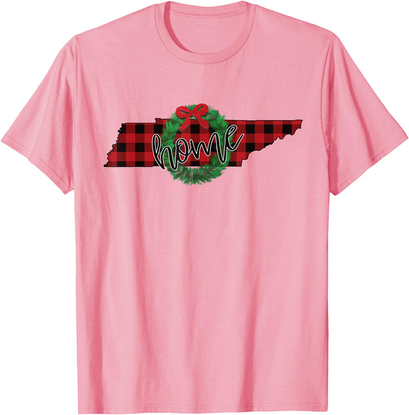 USA State Tennessee Christmas Buffalo Plaid Tennessee Buffalo Plaid Christmas Home Wreath Retro T-Shirt - Pink