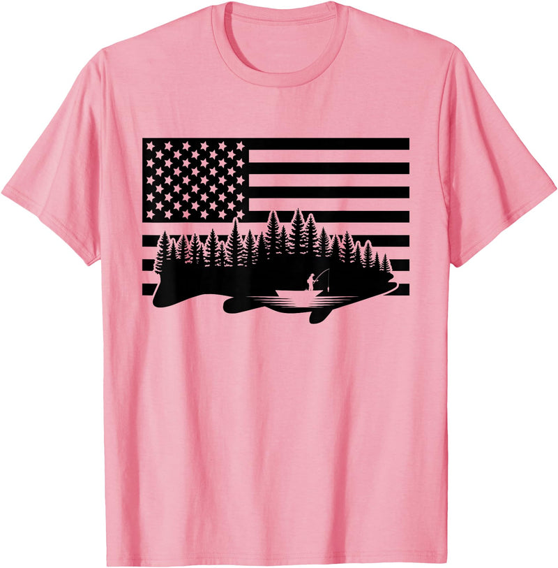 BASBO American Flag Fishing T-Shirt - Grey, Small, Unisex, Short Sleeve, Crew Neck, Classic Fit, Polyester 100%, Imported, Fishing Enthusiasts, Kids - Pink