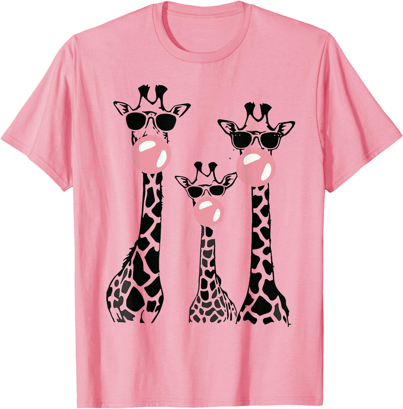 Bubble Safari Graphics Cute Giraffe Trio Blowing Bubble Gum with Sunglasses T-Shirt - Pink