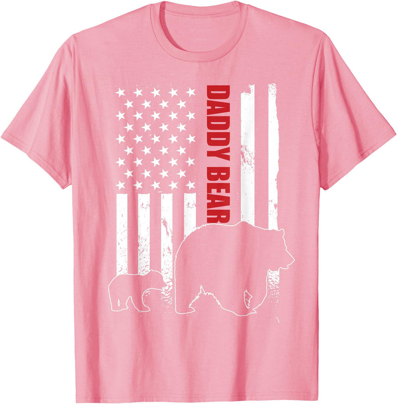 Vintage Gift for proud Dad 4th of July Daddy Bear with cub American Flag Papa Bear Father's Day T-Shirt - Pink