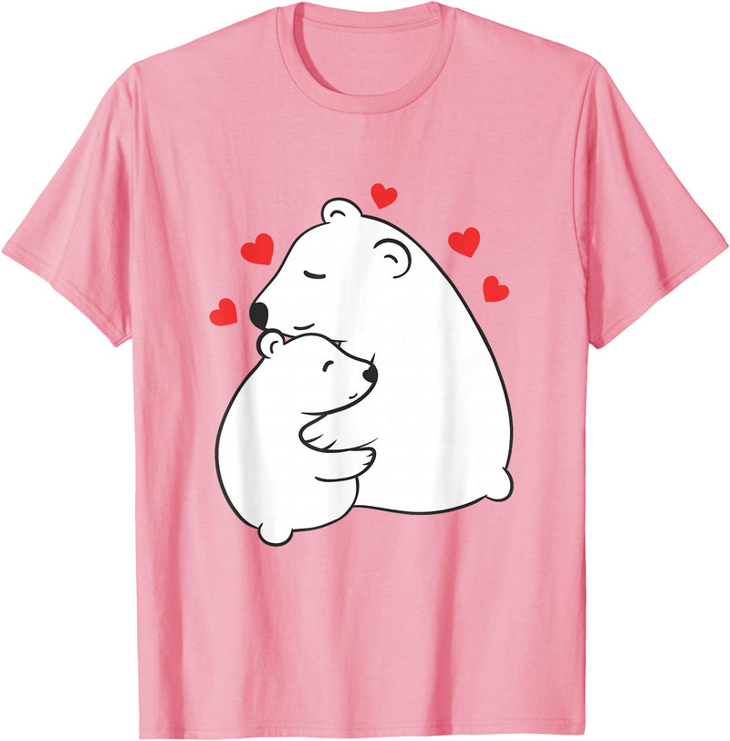 Mother's Day Clothing Gift Idea Cute Mama and Baby Polar Bear Cub Hugging Mothers Day T-Shirt - Pink