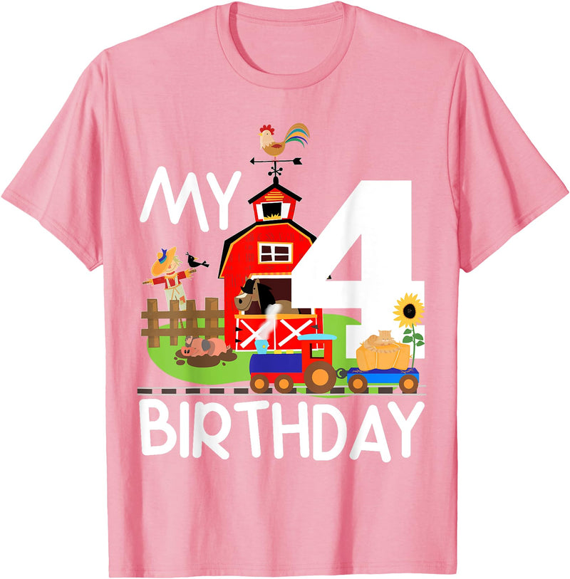 Swanky Bazaar Birthday Designs 4th Birthday Farm Birthday Train Party Cow Pig Horse Chicken T-Shirt - Pink
