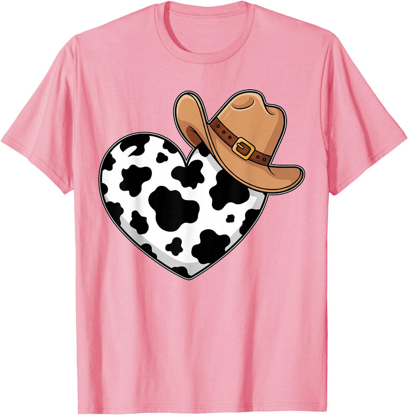 Magical and Funny Western Gifts Western Cow Print Heart Cowboy Cowgirl T-Shirt - Pink