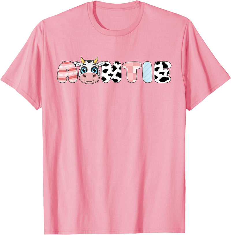 Cow Matching Family Outfit Costume Apparel Auntie Girl Birthday Matching Family Cow Farm Animal Aunt T-Shirt - Pink