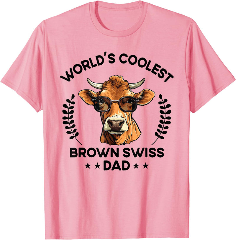 The Woof Wardrobe World's Coolest Cow Dad Papa - Men Farmer Brown Swiss T-Shirt - Pink