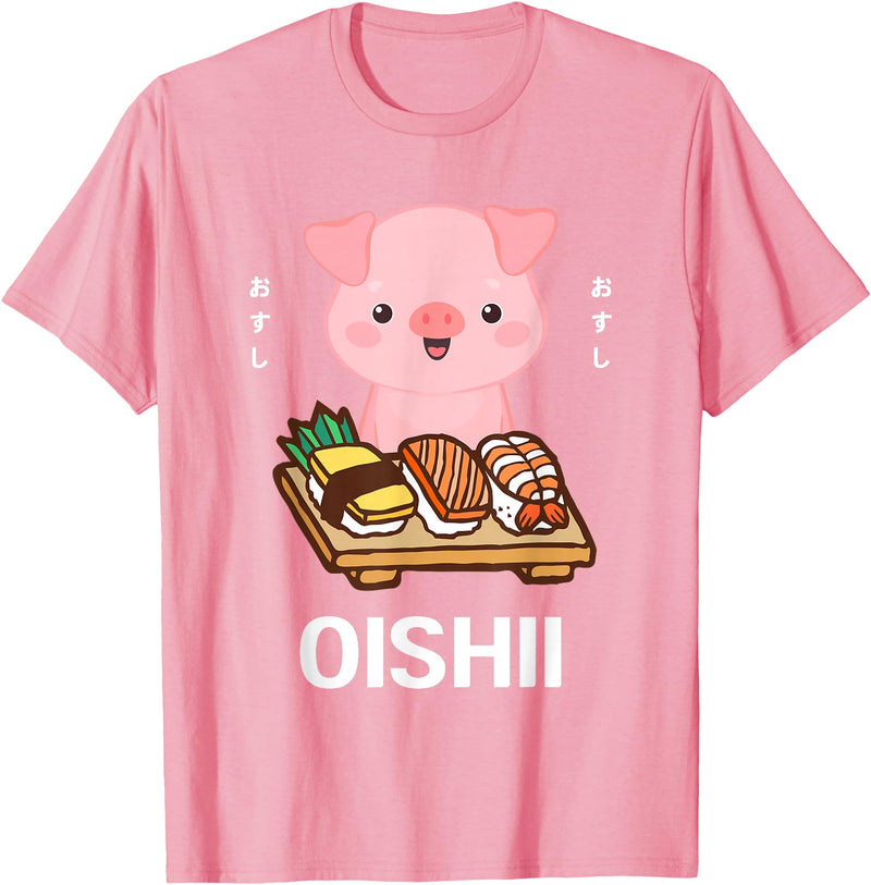 Cute Pig Eats Sushi Japanese Food Lover Cute Kawaii Pig Eats Sushi Japanese Food Lover Otaku T-Shirt - Pink