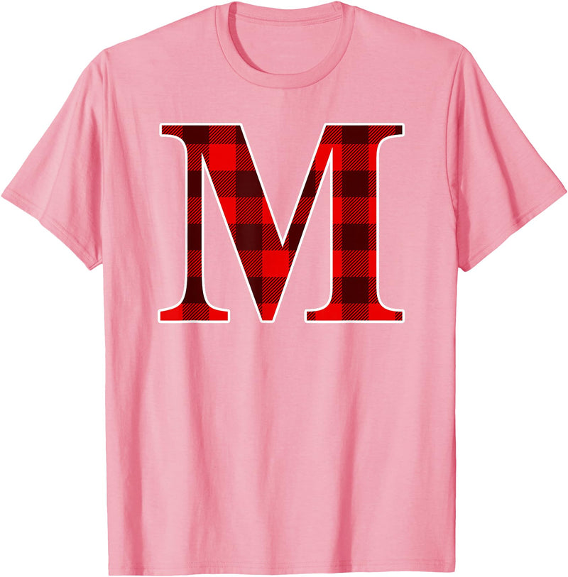 Buffalo Plaid Forever Buffalo Plaid Monogram Letter M Matching Holiday T-Shirt - Pink