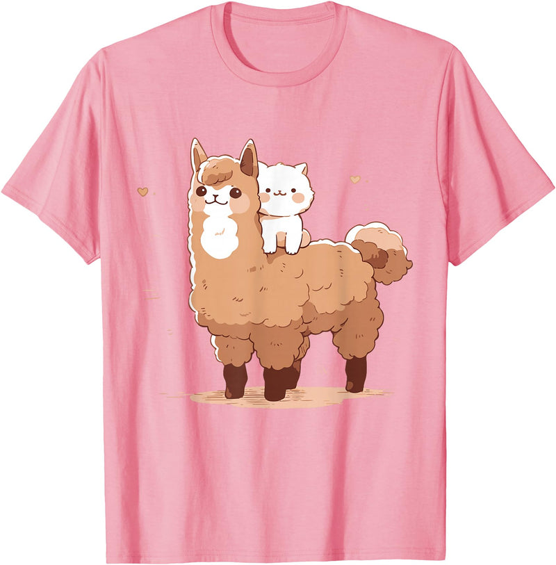 Funny Llama Alpaca Animal Lover Gifts Clothing Llama Alpaca Cat T-Shirt - Pink