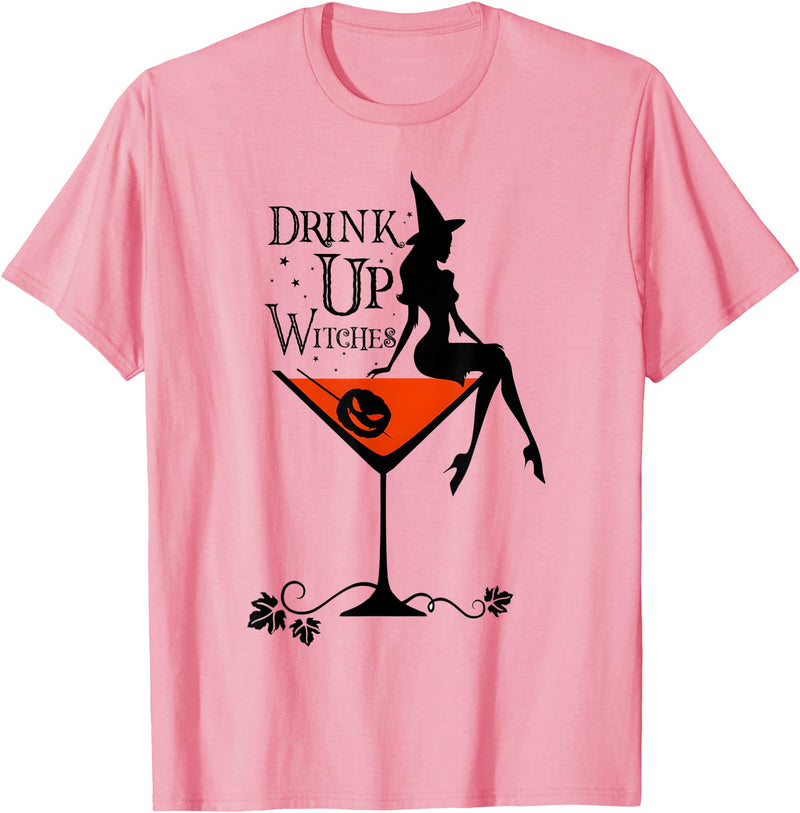 Drink Up Witch Squad Halloween Drink Up Witches Witch Squad Wine Glass Halloween T-Shirt - Pink