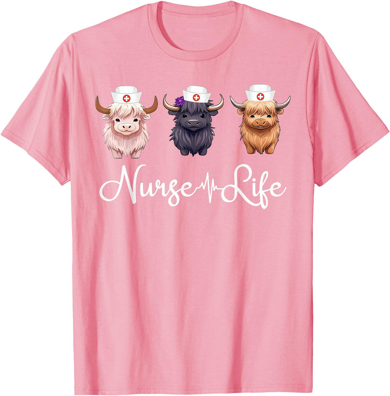 Highland Cow Nurse Life Costume Cute Highland Cow Nurse Life Farm Animal Lover Nursing T-Shirt - Pink