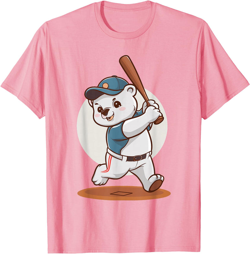 Adorable Polar Bear Baseball Theme Design Cute Polar Bear Playing Baseball Design Adorable Baseball T-Shirt - Pink