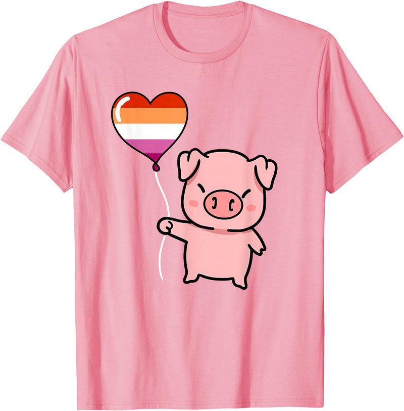 Hiking Lover Design Pig Heart Balloon Orange Pink Lesbian T-Shirt - Pink