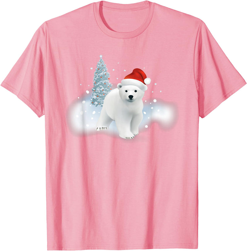 Happy Holiday Season Snow Gifts For Women Cute Christmas Polar Bear Red Santa Hat Lighted Tree Snow T-Shirt - Pink