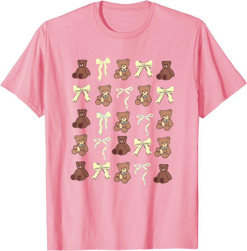 Coquette Aesthetic Graphics Preppy Teddy Bears Yellow Bows Coquette Girly Aesthetic T-Shirt - Pink