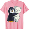 Penguin and Polar Bear Hug Arctic Animal Polar Bear and Penguin Cute North Pole Animals Hugging T-Shirt - Pink