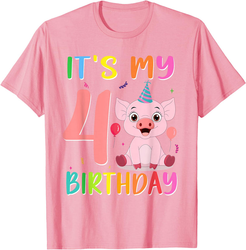 Pig Lover Shirt Farm Birthday Boy Girl Gift It’s My 4th Birthday Pig for Pig Lover 4 Year Old T-Shirt - Pink