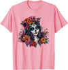 Sugar Skull Dia De Los Muertos Floral Skull Day of The Dead Sugar Skull Woman Floral Crown T-Shirt - Pink