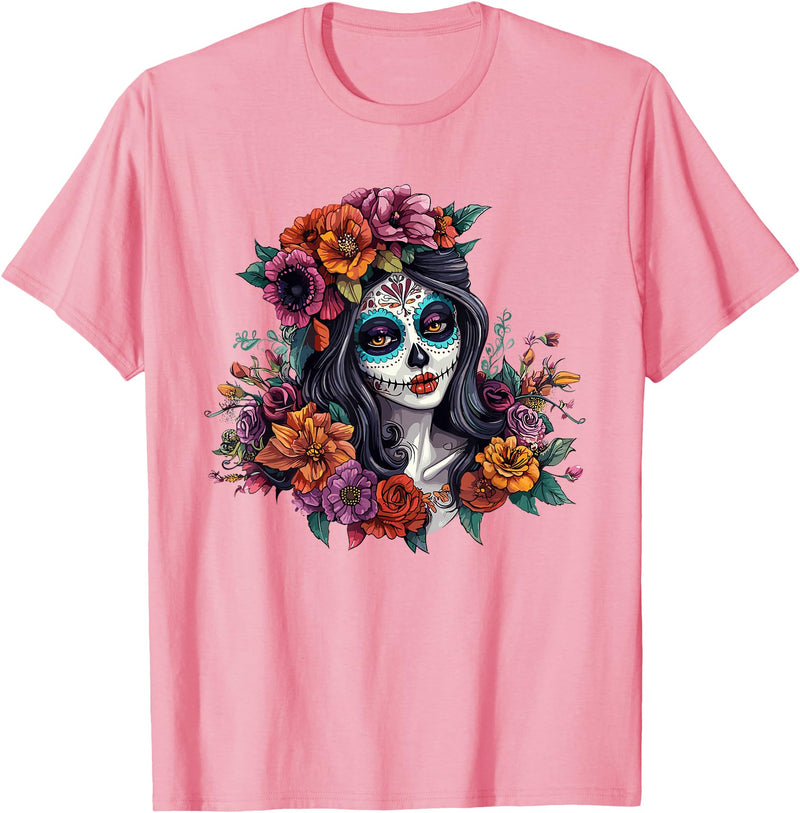 Sugar Skull Dia De Los Muertos Floral Skull Day of The Dead Sugar Skull Woman Floral Crown T-Shirt - Pink