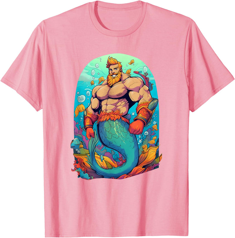 Gay Pride Merman Bear Muscle Daddy Hunk Mermaid LGBTQ Transgender Gay Muscle Dad Bear Mermaid Gay Merman T-Shirt - Pink
