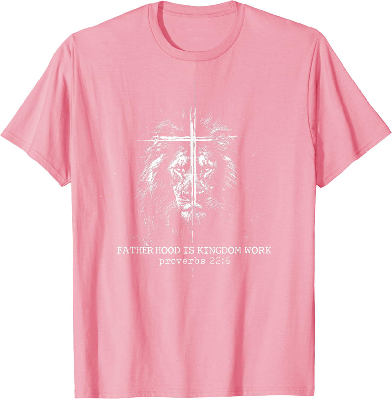 Retro Faith Based Lion Cross Father Day tee Fatherhood is Kingdom Work Retro Faith Based Lion Cross T-Shirt - Pink