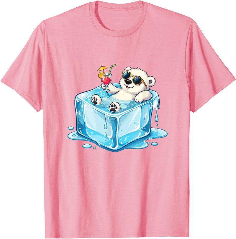 Cool Polar Bear Summer Vibes Chill Ice Cube Lazy Polar Bear in Ice Cube Tropical Cocktail T-Shirt - Pink