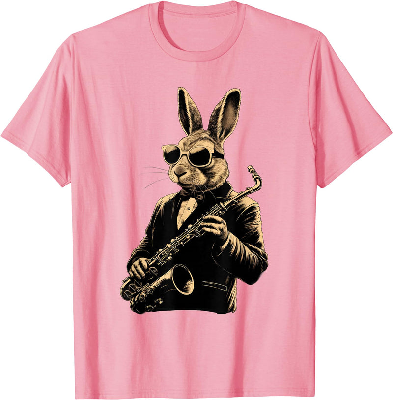 Cute Rabbit Bunny Playing Saxophone Rabbits Musician Music T-Shirt in Pink