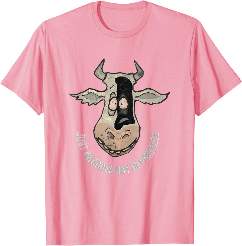 Outstanding in the Field Just Anudder Day in Paradise Funny Cow Farmer Dairy T-Shirt - Pink