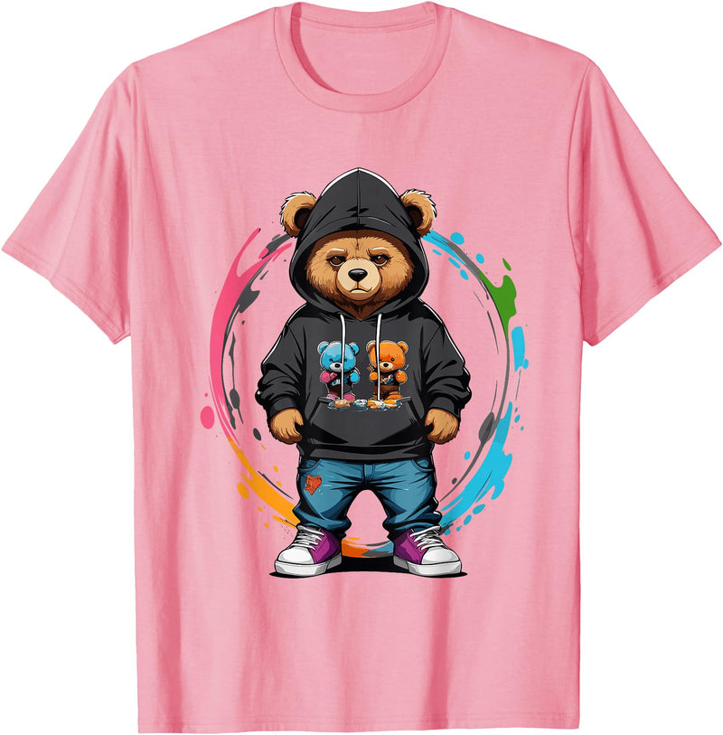The Big Teddy Bear Crew Teddy Bear Gangster in Hip Hop Street Clothes T-Shirt - Pink