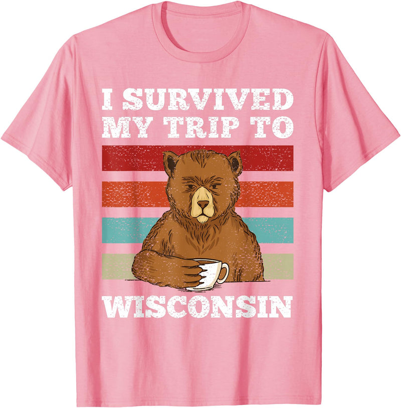 plainly Funny Beart Retro I Survived My Trip I Survived My Journey to Wisconsin Vintage Tired Bear Coffee T-Shirt - Pink