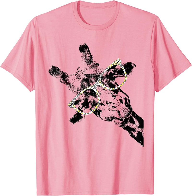 Giraffe Print Clothes Hipster Merch Giraffe Tee Vintage Animal Leopard Print Glasses T-Shirt - Pink