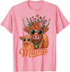 Scottish Farm Matching Mom Daughter Highland Cow Highland Cow Mama Mom Baby Calf Daughter Floral Mothers Day T-Shirt - Pink