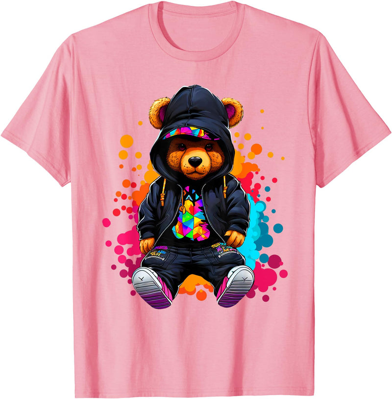 Hip Hop Teddy Bear Aesthetic Wear Co. Hip Hop Bear Colorful Teddy Bear With Hoodie Baseball Cap T-Shirt - Pink