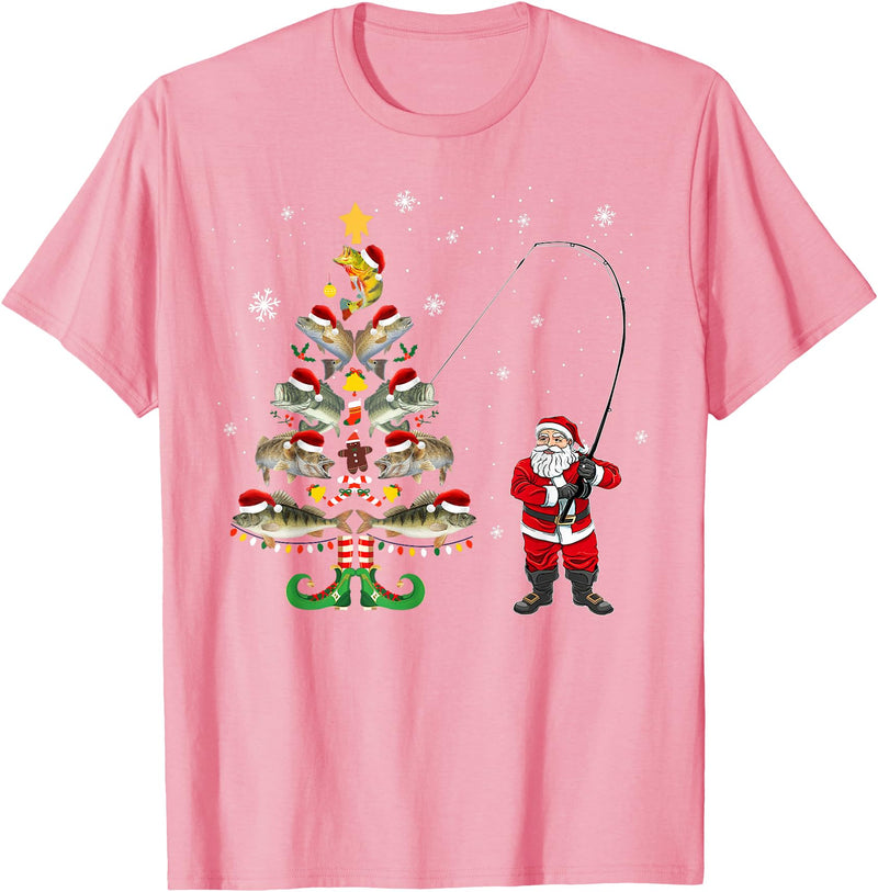 Fishermans Christmas Pajama Gift Tree Lights Merry Fishmas T-Shirt - Pink