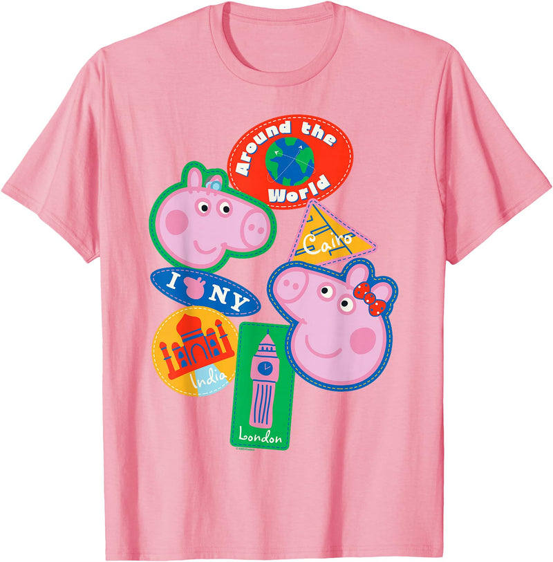 Peppa Pig Travel Patches Around The World Cairo India London T-Shirt - Pink