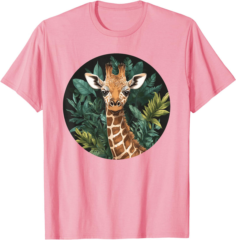 Nature Wildlife Giraffe Safari Jungle Giraffe With Tropical Jungle Leaves T-Shirt - Pink