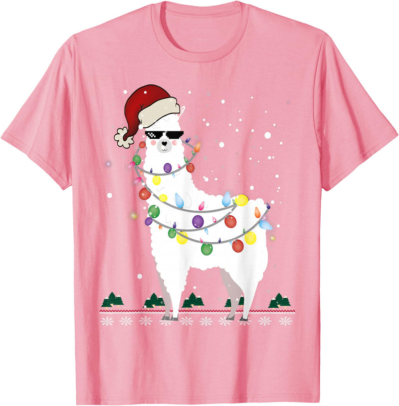 Christmas Llama Santa Hat Ugly Xmas Tee Christmas Llama Santa Hat Ugly Xmas Tree Alpaca Gift T-Shirt - Pink