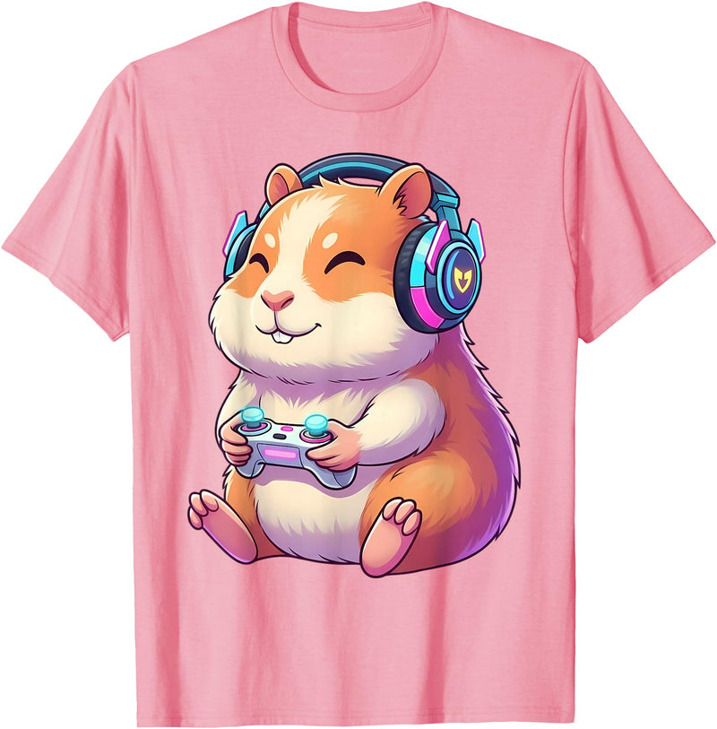 Funny Cute Hamster Gamer Adorable Video Game Animal Design T-Shirt - Pink