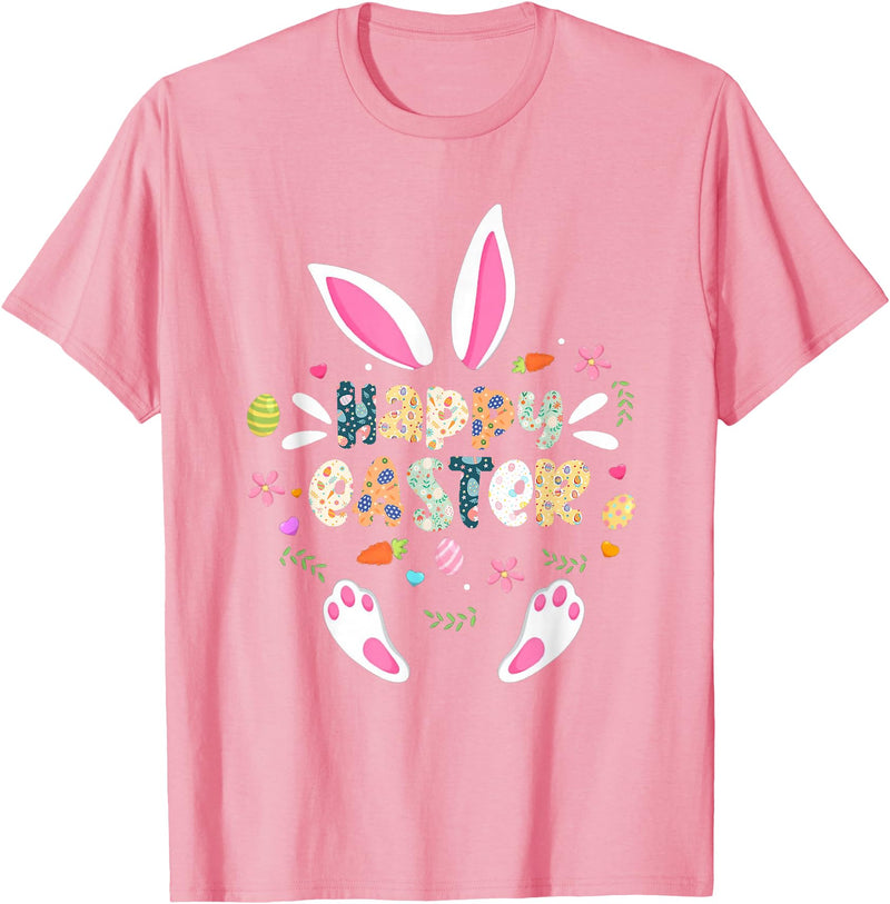 Happy Easter Bunny Rabbit Face Funny Easter Day Women Girls T-Shirt (Navy Blue) in Pink