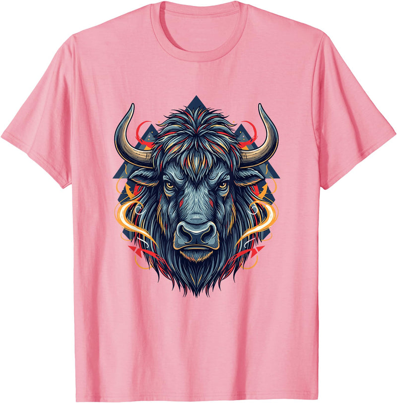 Wild Buffalo Bison Tribal Western Spirit Fierce Wild Bison Head Tribal Geometric Buffalo T-Shirt - Pink
