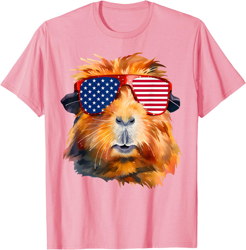 Cute Guinea Pig Lover HD0 Guinea Pig American Flag Sunglasses Patriotic 4th Of July T-Shirt - Pink